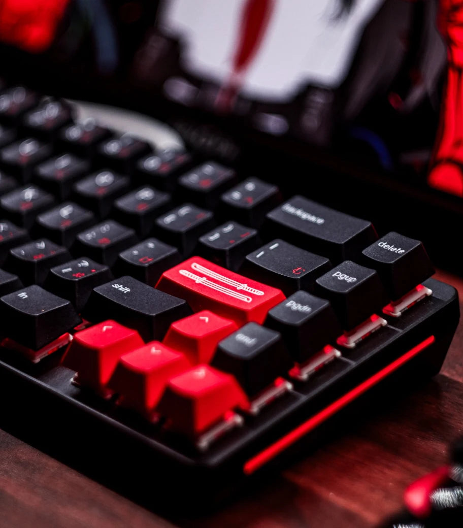 GPBT Kabuto Keycaps on a black keyboard with red lighting